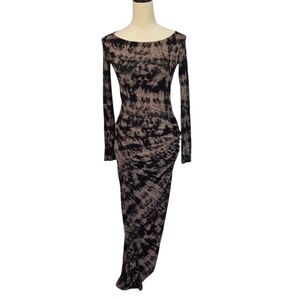 River Island Tie-Dye Ruched Bodycon Maxi Dress High Slit Sz 4 Grunge Edgy